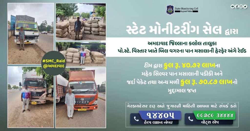 કલોલના નારદીપુરમાંથી ગુટખાની ગેરકાયદે હેરફેર કરતી ત્રણ ટ્રક ઝડપાઇ